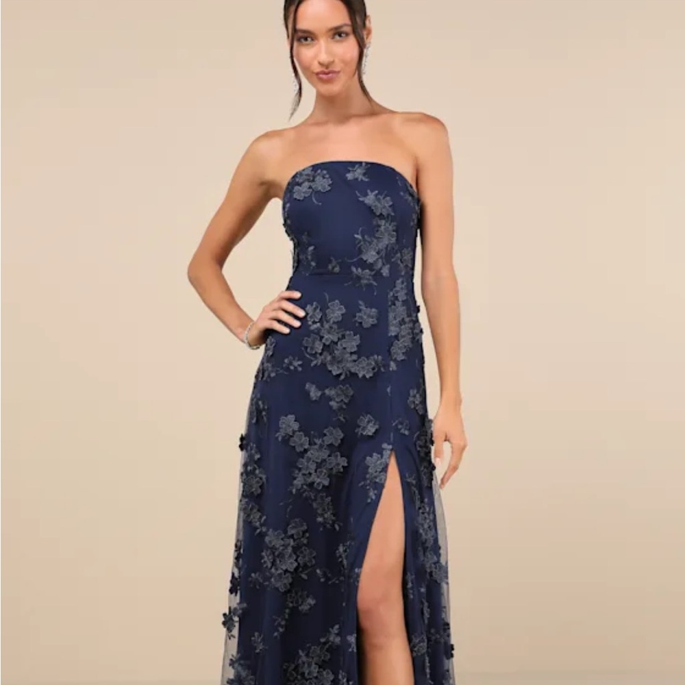 Rare Presence Navy Blue 3D Floral Embroidered Maxi Dress